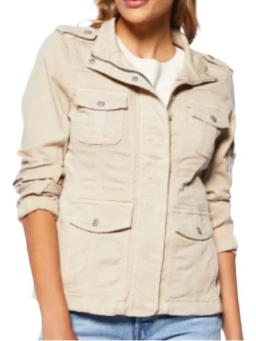 Kensie Jeans Military Field Jacket Womens Medium Beige Denim Mock Neck Casual